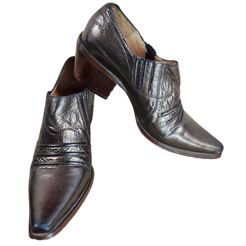 Miz Mooz Western Ankle Bootie Women’s SZ 8 Black Leather Pointed Toe Cuban Heel